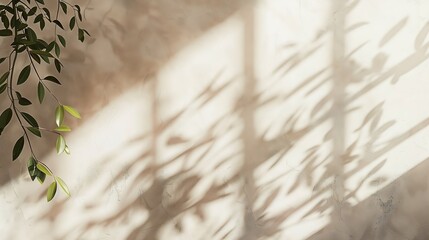 Poster - Minimalistic abstract gentle light beige background for product presentation with light andand intricate shadow from the window and vegetation on wall : Generative AI