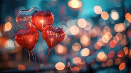 Aufkleber - Romantic image of heart-shaped balloons against a bokeh background of city lights, perfect for restaurants and event planners. Generative AI