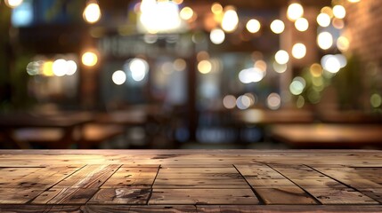 Poster - Empty wooden table top with lights bokeh on blur restaurant background : Generative AI