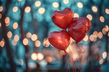 Aufkleber - Three heart-shaped balloons against a backdrop of twinkling lights in a park or rooftop setting, creating a perfect atmosphere for a romantic evening. Generative AI