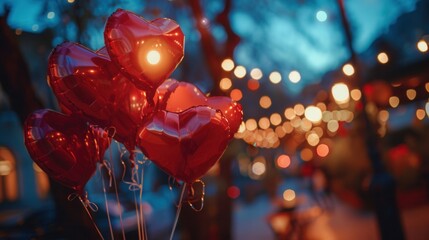 Aufkleber - Heart-shaped balloons float in the air against a backdrop of twinkling lights, creating a romantic ambiance perfect for a special evening. Generative AI