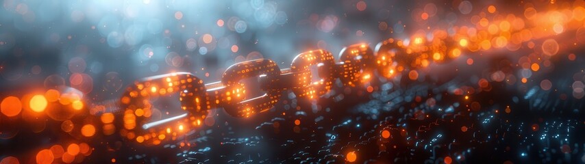 Poster - In this 3D scene, blockchain technology is depicted with floating blocks linked by illuminated pathways, set against a cutting-edge background.
