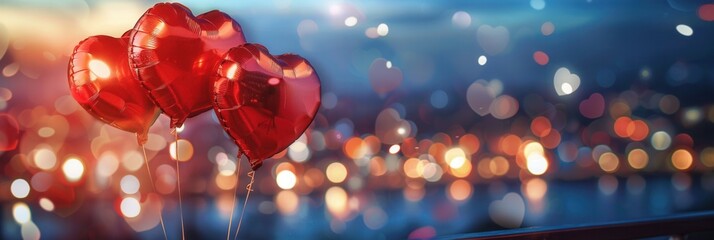 Aufkleber - Heart-shaped balloons in front of a city lights bokeh, perfect for romantic dinner dates and events. Generative AI