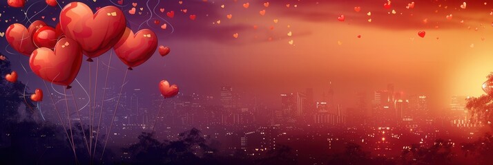 Aufkleber - An intimate and lovely image perfect for romantic events. Heart-shaped balloons float against a sunset backdrop above a cityscape. Generative AI