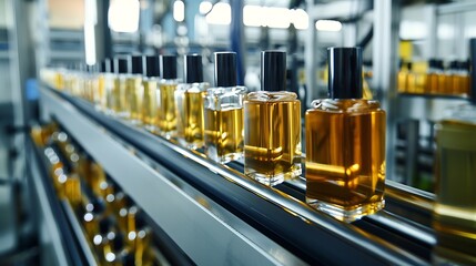 Leinwandbilder - Modern system factory of cosmetic oil and aroma water on conveyor line Automated plant for production of perfume : Generative AI