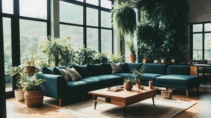 A cozy living area with a comfortable green couch, wooden table, and a variety of potted plants. A large window provides natural light, and a rug covers the floor.