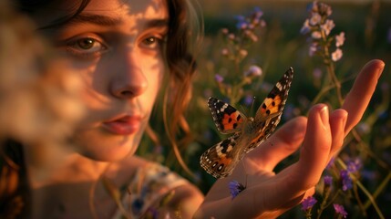 Wall Mural - The close up picture of the person holding the butterfly on the finger that has been surrounded with the plant and the nature in the springtime of the year under the bright light from the sun. AIG43.