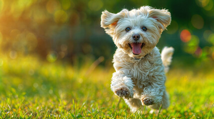 A happy white maltese dog is jumping over a green meadow