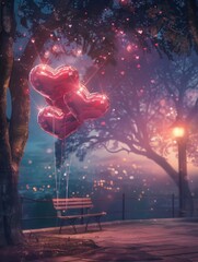 Aufkleber - A romantic setting with a bench under a tree, heart-shaped balloons, and soft lighting. Generative AI