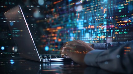 Aufkleber - Digital technology concept Man programmer working on laptop for big data management computer code on futuristic virtual interface screen data mining digital software development data s : Generative AI