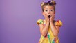 © The Little Hut - A modern girl in bright summer clothes expresses a slight surprise Children emotions Studio portrait on a purple background Childrens fashion : Generative AI