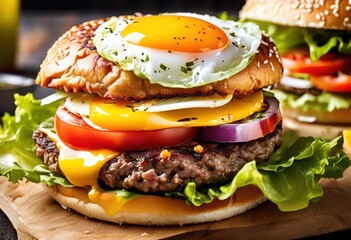 Wall Mural - delicious gourmet burger topped crispy fried egg, tasty, beef, patty, lettuce, tomato, cheese, bun, yolk, savory, culinary, dish, snack, restaurant, cooking