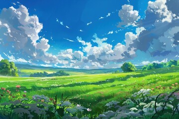 Vibrant digital art illustration of a green grassy field under a bright blue summer sky with fluffy white clouds.  Peaceful nature landscape.