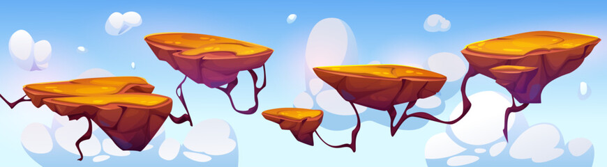 Wall Mural - floating island platform for arcade game level landscape. cartoon vector flying in blue sky with clo