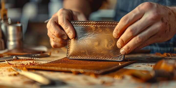 Hands crafting a leather wallet, detailed stitching