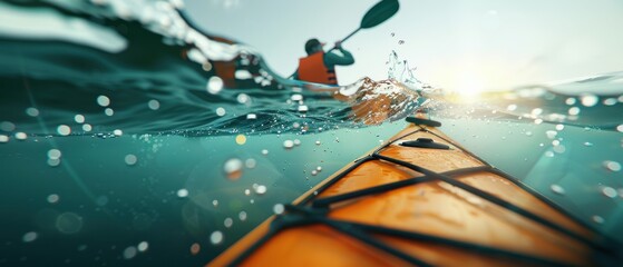 Distant kayaker paddles in serene water, captured from the front of an orange kayak with splashing detail and sunlight overhead.