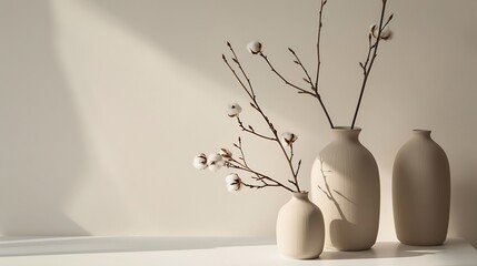 Poster - Beige ceramic vases with dry cotton branches Stylish and minimalistic background for display your products in living room Scandinavian interior Modern home decor Copy space : Generative AI