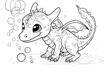 Cartoon baby dragon playing with bubbles, outlined for coloring, on a white background.