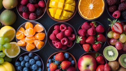 A delicious and healthy display of various fruits neatly arranged by color, in a flat lay shot