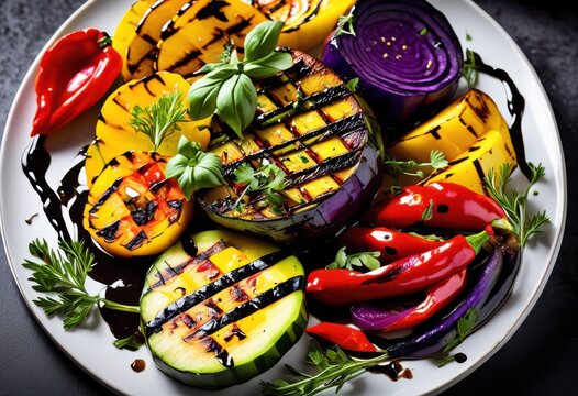 colorful grilled vegetables balsamic drizzle healthy vegetarian dish, plate, food, meal, nutrition, cooking, culinary, fresh, delicious, appetizing, vibrant