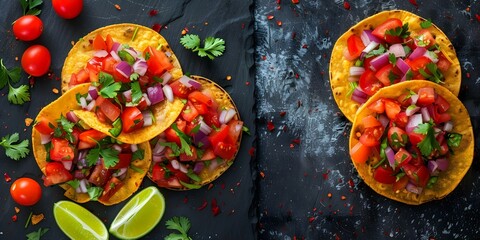 Wall Mural - Mexican Tostadas Delicious Flat Tortillas Topped with Vegetables. Concept Mexican Cuisine, Tostadas, Flat Tortillas, Vegetables, Delicious Flavor