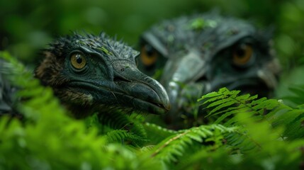 Poster - close-up of a green lizard in a lush, verdant environment