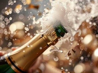 Wall Mural - Champagne bottle popping with splashing bubbles