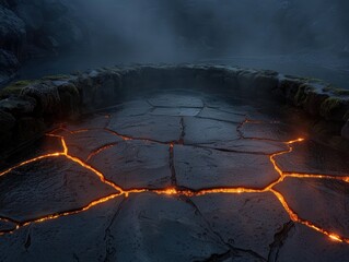 Poster - Glowing lava cracks in volcanic landscape