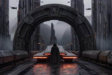 Futuristic sci-fi city arch with hooded figure