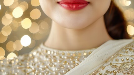 Canvas Print - close-up of woman's face with red lips and sparkling jewelry