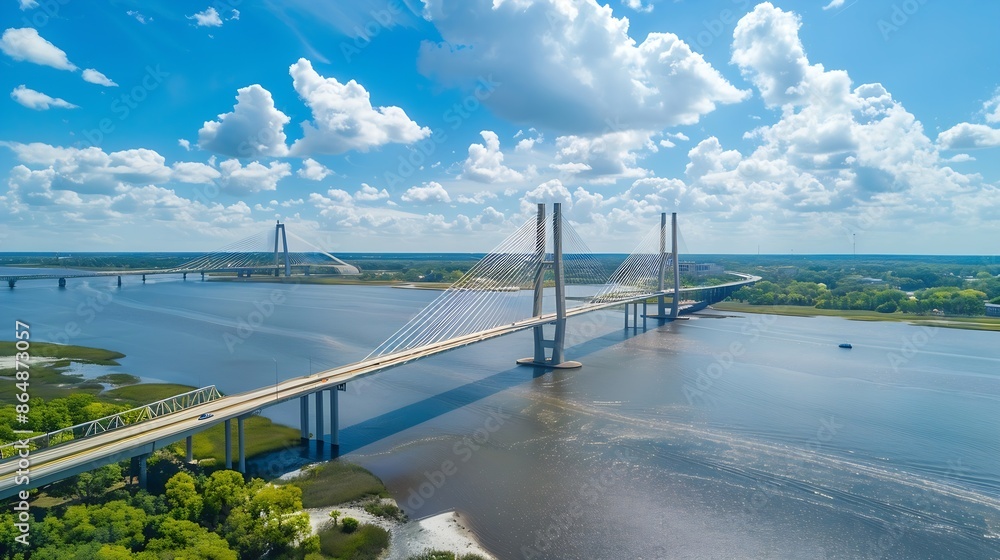 Aerial view of Talmadge Memorial Bridge on a sunny day The Talmadge Memorial Bridge is a bridge spanning the Savannah River between downtown Savannah Georgia and Hutchinson Island : Generative AI