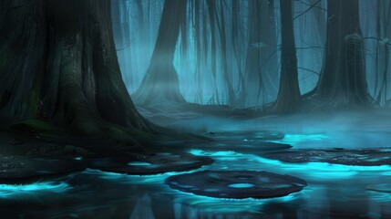 Wall Mural - Enchanted forest stream with glowing water