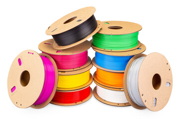 stack pile of colorful  3d printing filament PLA material on environmentally friendly and recyclable paper cardboard spools isolated white background. modern FDM printer technology concept