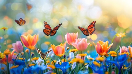 Sticker - Beautiful Butterflies on Colorful Flowers