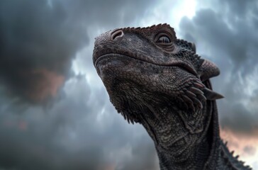 Poster - Close-up of a fierce-looking iguana against a stormy sky