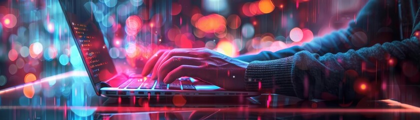 Digital transformation, software engineer coding on laptop, futuristic tech interface, bright cool tones . For cover backgrounds, wallpapers and other modern projects.