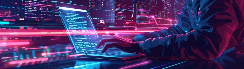 Software engineer coding on a laptop with an innovation technology interface, bright tones , flat art, vector style