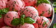 © Ice Cream Paradise - Refreshing basil watermelon gelato, a closeup of refreshing basil watermelon gelato, its vibrant pink color with green specks, perfect for a summer refreshment feature in an upscale food magazine