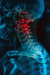 Abstract blue x-ray photograph depicting back and neck pain, illustrating medical conditions and healthcare concepts