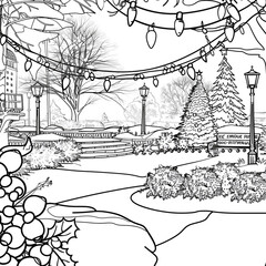 Cartoon Christmas lights display in the city park, outlined for coloring, on a white background.