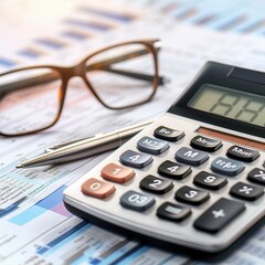 Calculator, pen, and eyeglasses on financial documents. Perfect for business, accounting, finance, and office-related themes.