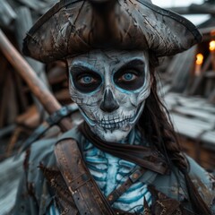 Wall Mural - spooky skeleton pirate with blue eyes