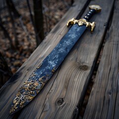 ornate sword on wooden planks