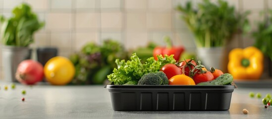 Sticker - Mockup of a takeaway food container featuring vegetables and fruits, with space available for your logo or design.