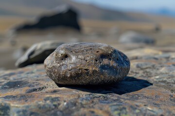 Wall Mural - Closeup of a weathered rock on a rugged landscape