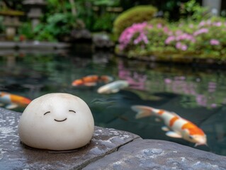 Poster - Smiling stone figure in tranquil japanese garden