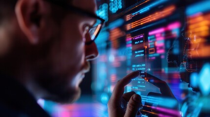 Close-up of a programmer analyzing code on a computer screen, immersed in software development and coding.