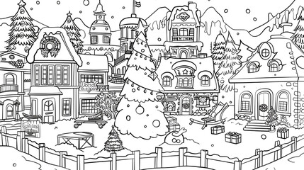 Cartoon city museum with a Christmas exhibit, outlined for coloring, on a white background.