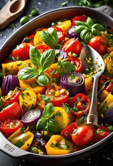 Wall Mural - vibrant vegetarian ratatouille dish fresh herbs seasonings, cooking, meal, food, french, cuisine, colorful, vegetables, healthy, homemade, delicious
