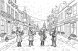 © Ammar - Cartoon city street with Christmas carolers, outlined for coloring, on a white background.